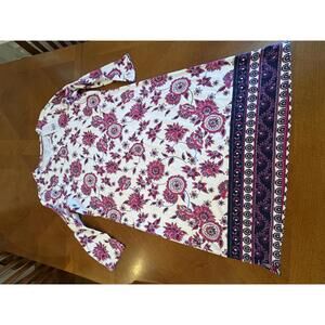 Floral Print Long Sleeve Dress with Border Detail